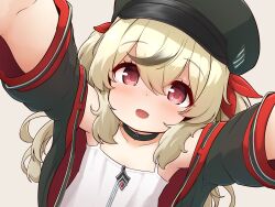 1girl absurdres azur_lane black_choker black_hair black_hat black_jacket blonde_hair choker collarbone commentary_request crossed_bangs flat_chest hair_between_eyes hair_ribbon hat highres jacket long_hair long_sleeves looking_at_viewer multicolored_hair open_clothes open_jacket open_mouth outstretched_arms peaked_cap pink_eyes reaching reaching_towards_viewer red_ribbon ribbon shoboimu smile solo tank_top twintails two-tone_hair white_tank_top z9_(azur_lane)