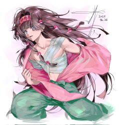 1boy alluka_zoldyck black_hair blue_eyes clothing_request collarbone corrupted_twitter_file dated ek02k0 hair_ornament hairband hashtag-only_commentary highres hunter_x_hunter long_hair male_focus open_mouth signature simple_background solo trap
