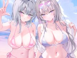 Rule 34 | 2girls, :o, absurdres, bikini, blurry, blurry background, blush, breasts, cleavage, cloud, collarbone, day, eyewear on head, glasses, grey hair, heart, heart-shaped eyewear, highres, jewelry, large breasts, looking at viewer, multiple girls, navel, necklace, open clothes, open mouth, open shirt, original, parted lips, pink background, pon (ponidrop), purple background, purple eyes, shirt, side-tie bikini bottom, sky, standing, sunglasses, swimsuit, v, white shirt
