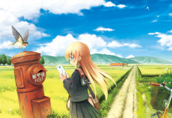 1girl aikei_ake bag basket bicycle bird black_shirt black_skirt blonde_hair blouse blue_eyes blue_sky building cloud day envelope female_focus field from_side grass horizon japanese_postal_mark letter long_hair long_sleeves looking_away mailbox mountain mountainous_horizon original outdoors pleated_skirt postbox road rural sailor_collar scenery school_uniform serafuku shirt shoulder_bag skirt sky slice_of_life solo