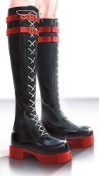 1girl absurdres black_boots blurry blurry_background boots footwear_focus highres hololive hololive_indonesia kaela_kovalskia kaela_kovalskia_(4th_costume) laces luke_s_(artist) platform_boots solo standing virtual_youtuber white_background