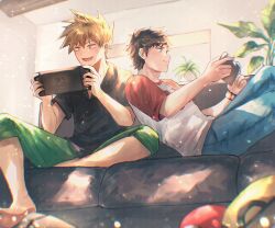 Rule 34 | 2boys, :d, bag, barefoot, blonde hair, blue oak, capri pants, chromatic aberration, closed mouth, collared shirt, commentary request, couch, green pants, handheld game console, hat, highres, holding, holding handheld game console, indoors, male focus, multiple boys, nintendo, nintendo switch, open mouth, pants, pokemon, pokemon sm, red (pokemon), shirt, shiruko (s1ruko), short hair, short sleeves, sitting, smile, spiked hair, t-shirt, unworn bag, unworn hat, unworn headwear, yaoi