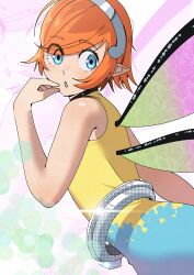 1girl :o absurdres bare_shoulders blue_eyes commentary english_commentary fairy fairy_wings gallica_(metaphor:_refantazio) gjh highres jewelry leotard looking_at_viewer metaphor:_refantazio mini_person minigirl orange_hair pointy_ears ring short_hair size_difference sleeveless solo swept_bangs tiara wedding_ring wings