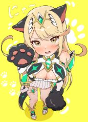 Rule 34 | 1girl, absurdres, animal ears, animal hands, bare shoulders, black gloves, blonde hair, blush, breasts, cat ears, cat girl, chest jewel, cleavage, cleavage cutout, clothing cutout, commentary request, core crystal (xenoblade), dress, earrings, from above, full body, gem, gloves, green gemstone, hand up, highres, jewelry, kemonomimi mode, large breasts, long hair, looking at viewer, mythra (xenoblade), open mouth, paw gloves, paw print, paw print background, sandals, short dress, sleeveless, sleeveless dress, solo, standing, thigh strap, tiara, white dress, xenoblade chronicles (series), xenoblade chronicles 2, yellow background, yellow eyes, yoshikirino