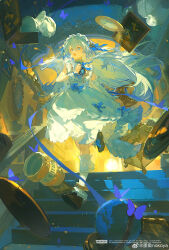 1girl absurdres blue_bow blue_eyes blue_ribbon bow bowtie bug butterfly cup dress english_text floating_hair frilled_dress frills full_body hair_between_eyes hair_bow hair_ornament highres insect long_hair nokoya original ribbon sample_watermark socks teacup very_long_hair watermark weibo_username weibo_watermark white_hair