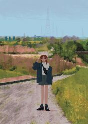 1girl absurdres black_shoes blue_jacket blue_sky blue_socks braid brown_eyes brown_hair closed_mouth fanny_pack full_body futsuu_no_keion-bu grass grey_shorts hand_up hashtag-only_commentary highres jacket long_hair long_sleeves nature no_lineart outdoors power_lines sakutaro_(39ar_39ca) shirt shoes shorts single_off_shoulder sky socks solo standing transmission_tower tree twin_braids uchida_momo v white_shirt