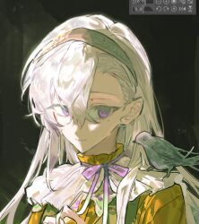 1girl animal animal_on_shoulder bird bird_on_shoulder black_background dress frills hair_between_eyes hairband long_hair looking_at_viewer mole mole_under_eye neck_ribbon original portrait purple_eyes purple_ribbon qyzhiaiyisheng ribbon solo upper_body white_hair yellow_dress