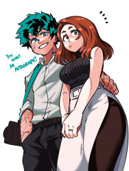 1boy 1girl aged_up bag blush boku_no_hero_academia breasts brown_eyes brown_hair closed_mouth collared_shirt freckles from_below green_eyes green_hair highres husband_and_wife jewelry large_breasts medium_hair messenger_bag midoriya_izuku pantyhose parted_lips ribbed_sweater ring scar shirt short_hair shoulder_bag side_slit smile sweater tina_fate uraraka_ochako wedding_band