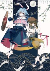 2girls absurdres ambiguous_red_liquid animal_ears animal_print barefoot blonde_hair blue_hair blue_skirt branch brown_headwear chain chinese_commentary commentary_request crescent dango ear_piercing floppy_ears flower food highres holding holding_food kine mallet moon multiple_girls piercing rabbit_ears rabbit_print rabbit_tail red_eyes ringo_(touhou) sanshoku_dango seiran_(touhou) shirt shorts skirt tail touhou wagashi waves white_shirt yellow_shorts zhixie_jiaobu