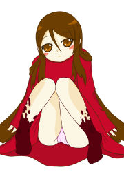 1girl absurdres alma_(f.e.a.r.) alma_wade an_motts bad_id bad_pixiv_id barefoot blood blush brown_eyes brown_hair dress f.e.a.r. female_focus frown full_body highres long_hair long_sleeves panties pantyshot red_dress simple_background sitting sleeves_past_wrists solo underwear white_background