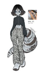 1girl :&gt; absurdres artist_name black_hair blue_eyes body_markings colored_skin crop_top cropped_jacket full_body gecko gradient_hair grey_hair grey_skin highres lizard_tail long_sleeves looking_to_the_side midriff monster_girl multicolored_hair original personification reptile_girl sketch slit_pupils solo sparrowl standing tail walking white_background white_footwear