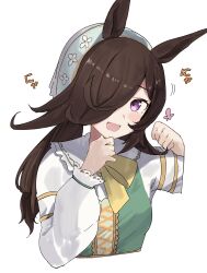 1girl absurdres alternate_costume animal_ears black_hair blush breasts dancing hair_ornament hair_over_one_eye highres horse_girl looking_at_viewer low_twintails portrait purple_eyes rice_shower_(umamusume) solo takinii twintails umamusume white_background