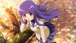 1girl artist_request blue_skirt blunt_bangs brown_jacket cherry_blossoms clannad crossover emblem furude_rika game_cg highres higurashi_no_naku_koro_ni higurashi_no_naku_koro_ni_mei hikarizaka_private_high_school_uniform jacket long_hair long_sleeves non-web_source official_art open_mouth outdoors pink_petals purple_eyes purple_hair school_uniform skirt solo sparkle tree
