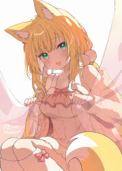 1girl :d animal_ear_fluff animal_ears bare_shoulders blonde_hair blush breasts commentary_request curtain_grab curtains dress fang feet_out_of_frame fox_ears fox_girl fox_tail fuwafuwa-chan_(kamiyoshi_rika) green_eyes highres jacket kamiyoshi_rika kneehighs long_hair medium_breasts multicolored_hair off_shoulder open_clothes open_jacket open_mouth original signature simple_background sitting sleeveless sleeveless_dress smile socks solo tail transparent two-tone_hair very_long_hair white_background white_dress white_hair white_jacket white_socks