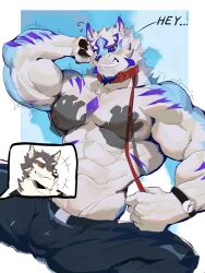 2boys abs animal_ears bara black_pants blush chinese_commentary collar commentary_request furry furry_male highres holding_own_leash lan_uxn live_a_hero male_focus monomasa_(live_a_hero) multiple_boys muscular muscular_male nipples pants pawpads pectoral_grab pectorals sadayoshi_(live_a_hero) speech_bubble spoken_character topless_male watch wolf_boy wolf_ears wristwatch yaoi