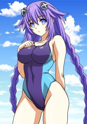 1girl absurdres blue_eyes blue_one-piece_swimsuit blue_sky braid breasts choujigen_game_neptune cloud competition_swimsuit contrapposto covered_navel hair_ornament highres large_breasts long_hair looking_at_viewer neptune_(neptunia) neptune_(series) one-piece_swimsuit power_symbol-shaped_pupils purple_hair purple_heart_(neptunia) sky solo standing swimsuit symbol-shaped_pupils twin_braids two-tone_swimsuit very_long_hair yuuyuu_(3jjbn)