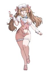 Rule 34 | 1girl, absurdres, blush, breasts, brown hair, character name, commentary request, cosplay, dalshi, finger heart, frilled thigh strap, full body, girls&#039; frontline, girls&#039; frontline 2: exilium, head-mounted display, highleg, highleg panties, highres, k2 (girls&#039; frontline), k2 (girls&#039; frontline) (cosplay), korean commentary, long hair, looking at viewer, midriff, navel, one eye closed, open mouth, panties, pink nails, pink panties, pink shoes, red eyes, shoes, side-tie panties, simple background, smile, solo, thigh strap, twintails, underwear, white background, white wrist cuffs, wrist cuffs, yoohee (girls&#039; frontline 2)