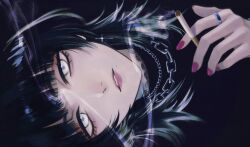 Rule 34 | 1girl, black background, black hair, black shirt, blunt bangs, chain, chain necklace, cigarette, cross, cross earrings, earrings, eyelashes, highres, holding, holding cigarette, jewelry, lace trim, long hair, looking at viewer, mole, mole under mouth, moxamog, necklace, original, parted lips, pink lips, pink nails, portrait, ring, shirt, smoke, solo, white eyes