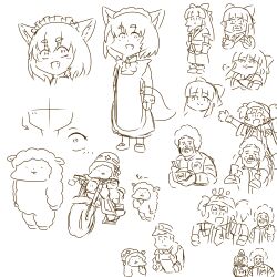 3girls 4boys ainu_clothes carrying character_request constricted_pupils crossed_arms expressionless fingerless_gloves gloves hair_ribbon highres imadake_dabuchi_tabemi legs long_hair looking_at_viewer mcdonald&#039;s monochrome motor_vehicle motorcycle multiple_boys multiple_expressions multiple_girls nakoruru open_mouth pants piggyback police police_uniform ribbon ronald_mcdonald samurai_spirits scared sheep short_hair sketch smug snk the_king_of_fighters thighs twintails wide-eyed