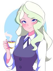 1girl blizzard_(b1iz4rd) blonde_hair blue_eyes blush breasts closed_mouth cup diana_cavendish dress highres holding holding_cup little_witch_academia long_hair luna_nova_school_uniform pinafore_dress school_uniform simple_background sleeveless sleeveless_dress small_breasts solo teacup upper_body wing_collar