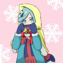 1boy alternate_costume aqua_eyes aqua_hair aqua_jacket blue_mittens blue_scarf bow capelet commentary_request eyelashes grusha_(pokemon) hands_up highres hood hood_up hooded_capelet jacket long_sleeves looking_at_viewer male_focus mittens nintendo pink_background poke_ball poke_ball_(basic) pokemon pokemon_sv red_bow scarf scarf_over_mouth snowflake_background solo striped_clothes striped_scarf tunaya_san yellow_capelet
