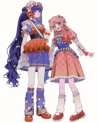 2girls animal_ears closed_mouth commission dress fang frilled_dress frilled_hairband frills full_body green_eyes hairband highres katai_keno leg_warmers long_hair looking_at_viewer loose_socks multiple_girls original pink_hair purple_eyes purple_hair red_shoes shoes simple_background skeb_commission socks standing stuffed_animal stuffed_rabbit stuffed_toy teeth thighhighs very_long_hair white_background white_thighhighs