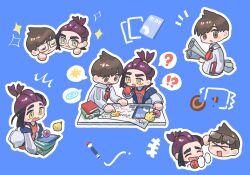 !? +++ 2boys :&lt; ? bespectacled black-framed_eyewear black_hair brown_eyes brown_hair chibi chibi_only closed_eyes florian_(pokemon) glasses jacket kieran_(pokemon) long_sleeves male_focus mole mole_on_neck mtitp54 multicolored_hair multiple_boys nintendo open_mouth pokemon pokemon_sv purple_hair rectangular_eyewear red_tank_top round_eyewear short_hair speech_bubble spoken_interrobang spoken_question_mark tank_top white_jacket x