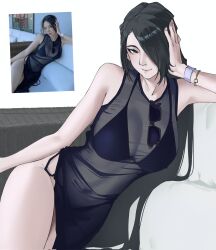 1girl azuma_fubuki breasts cleavage covered_navel dress grey_hair highres large_breasts legs looking_at_viewer mato_seihei_no_slave one_eye_covered reference_inset saikiseiya see-through_clothes see-through_dress simple_background sunglasses swept_bangs thighs unworn_eyewear white_background