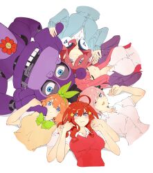 1boy 5girls animatronic archives.gokulism blue_eyes bow five_nights_at_freddy&#039;s freddy_fazbear&#039;s_pizzeria_simulator go-toubun_no_hanayome hat headphones headphones_around_neck highres joints mr._hippo multiple_girls nakano_ichika nakano_itsuki nakano_miku nakano_nino nakano_yotsuba parody red_hair robot robot_joints short_hair white_background