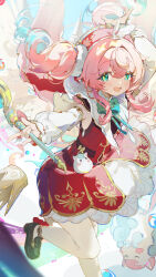 1girl absurdres aqua_hair black_shoes coria detached_sleeves dress highres honkai:_star_rail honkai_(series) hyacine_(honkai:_star_rail) layered_dress little_ica_(honkai:_star_rail) loafers long_sleeves looking_at_viewer pantyhose pink_hair red_dress shoes smile solo twintails white_dress white_pantyhose