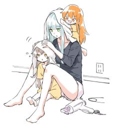 3girls blue_hair brown_hair commentary_request drying drying_hair girls&#039;_frontline grey_hair hair_dryer highres hk416_(girls&#039;_frontline) multiple_girls shinoe_nun shirt siblings sisters sleepy t-shirt towel towel_on_head twins ump45_(girls&#039;_frontline) ump9_(girls&#039;_frontline) unplugged aged_down