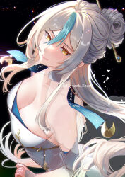 1girl black_background blue_hair breasts brown_eyes ciyuneh_lipas cleavage highres large_breasts long_hair multicolored_hair original see-through_clothes shrug_(clothing) sidelocks simple_background smile solo streaked_hair twitter_username white_hair