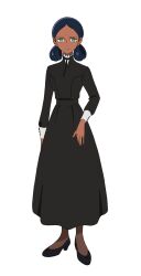 Rule 34 | 1girl, black dress, black hair, black shoes, cuffs, dark skin, dress, facial mark, forehead, forehead mark, full body, green eyes, gundam, gundam gquuuuuux, high heels, highres, lalah sune, long dress, long sleeves, looking at viewer, low twintails, official art, parted bangs, pumps, shoes, simple background, solo, standing, transparent background, twintails