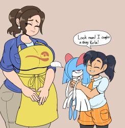 ... 1boy 1girl age_difference alternate_color ambiguous_gender annoyed apple black_hair breasts brown_hair closed_eyes creatures_(company) ear_piercing english_text eyelashes food freckles fruit game_freak gen_3_pokemon holding holding_pokemon kirlia large_breasts mother_(pokemon) mother_and_son necktie nintendo paldea_mother piercing pokemon pokemon_(creature) pokemon_sv ponytail poopishness red_eyes school_uniform shiny_pokemon speech_bubble