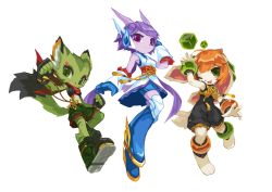 3girls animal_ears barefoot bodysuit boots bracelet carol_tea cat_ears cat_tail crop_top cube detached_sleeves dog_ears dog_tail dragon_horns eyelashes fingerless_gloves freedom_planet freedom_planet_2 furry galaxytrail gloves green_eyes headgear horns japanese_clothes jewelry jumpsuit kimono long_ears long_hair looking_at_viewer midriff milla_basset multiple_girls navel official_art one_eye_closed open_mouth orange_hair pink_hair purple_hair sash_lilac scarf short_hair shorts slit_pupils smile tail twintails tyson_tan unitard very_long_hair white_background wide_hips