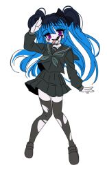 Rule 34 | absurdres, amemiya darumi, black boots, black bow, black hair, black skirt, blue hair, boots, bow, face piercing, hands up, highres, last defense academy school uniform, lip piercing, looking at viewer, makeup, multicolored hair, piercing, pink eyes, pleated skirt, runny makeup, skirt, takumi go lucky, the hundred line -last defense academy-, tongue, tongue out, torn clothes, torn legwear, twintails, white background