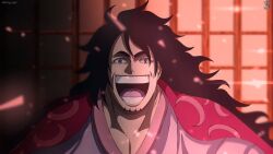 1boy arabic_commentary black_hair commentary_request facial_hair hair_over_one_eye indoors japanese_clothes king_sogi kouzuki_momonosuke long_hair looking_at_viewer moon_(symbol) one_piece open_mouth signature smile solo teeth traditional_clothes