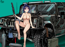 1girl car gun hummer hummer_h1 love_live! love_live!_sunshine!! matsuura_kanan motor_vehicle nude smile weapon