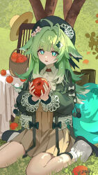 1girl absurdres ai_dongdong alternate_costume animal_ears apple aqua_hair black_shoes bright_pupils food fox_ears fox_girl fruit green_hair highres holding holding_food holding_fruit honkai:_star_rail honkai_(series) huohuo_(honkai:_star_rail) long_hair long_sleeves outdoors parted_lips paw-shaped_pupils shoes sitting socks symbol-shaped_pupils wariza white_socks yin_yang_hair_ornament