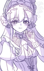 Rule 34 | 1girl, blush, bonnet, bow, bowtie, breasts, closed mouth, commentary request, earrings, gloves, half gloves, hand up, highres, jewelry, juliet sleeves, long hair, long sleeves, looking at viewer, monochrome, puffy sleeves, rosemary (wuthering waves), small breasts, smile, solo, uissu, upper body, wuthering waves
