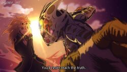 Rule 34 | alternate hairstyle, black jacket, blonde hair, commentary, english text, genda art, giorno giovanna, gold experience, gold experience requiem, highres, imminent punch, jacket, jojo no kimyou na bouken, ladybug ornament, male focus, official style, open mouth, stand (jojo), stone ocean, teeth, tongue, vento aureo, victory rolls