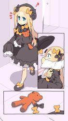 1girl ^^^ abigail_williams_(fate) bad_id bad_pixiv_id black_bow black_dress black_hat blonde_hair blue_eyes bow comic covering_another&#039;s_mouth dress fate/grand_order fate_(series) gagged hair_bow hand_gagged hand_over_another&#039;s_mouth hand_over_another&#039;s_mouth hands_in_opposite_sleeves hat highres kidnapping litamisu long_hair long_sleeves looking_at_viewer orange_bow silent_comic solo_focus stuffed_animal stuffed_toy tears teddy_bear very_long_hair walking