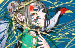 1girl 1other animal_request beak bird blue_background blue_eyes branch chain clothing_cutout colorful commentary_request earrings facial_tattoo fingernails floral_print flower from_below from_side grass green_shirt grey_hair hair_bun highres jewelry long_fingernails looking_at_viewer looking_down mika_pikazo multicolored_eyes original parted_lips patterned_clothing patterned_hair portrait shirt shoulder_cutout sidelocks tall_grass tattoo white_bird