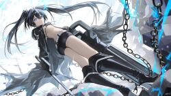 Rule 34 | 1girl, ass, bikini, black coat, black hair, black rock shooter, black rock shooter (character), blue eyes, blue fire, boots, chain, coat, fire, flat chest, front-tie bikini top, front-tie top, hair between eyes, haruri, high heel boots, high heels, highres, holding, holding sword, holding weapon, long hair, looking at viewer, looking back, rock cannon, scar, scar on stomach, short shorts, shorts, solo, swimsuit, sword, twintails, weapon