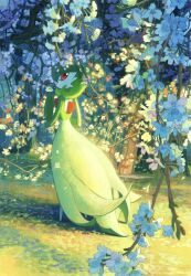 bob_cut colored_skin dress fanmaiji_tesu flower gardevoir gen_3_pokemon green_hair green_skin highres looking_at_viewer looking_back multicolored_skin nintendo parted_lips pink_eyes pokemon pokemon_(creature) two-tone_skin white_dress white_skin