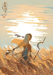 1girl ann_maulina commentary copyright_name dress english_commentary facing_back floating_hair from_side hair_ribbon headscarf holding holding_staff long_hair long_sleeves outdoors raruurien ribbon rienasha_(raruurien) solo staff standing veil very_long_hair water wheat wheat_field white_hair wind