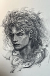 Rule 34 | 1boy, absurdres, dio brando, graphite (medium), highres, jojo no kimyou na bouken, lips, looking at viewer, monochrome, nose, paper, pencil, phantom blood, portrait, ryosuke, sketch, traditional media, vampire