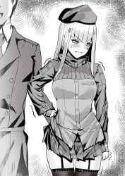 1boy 1girl arm_behind_back beret blush breasts clenched_hand clenched_teeth clothes_lift commander_(girls&#039;_frontline) disgust facial_mark garter_straps girls&#039;_frontline greyscale griffin_&amp;_kryuger_military_uniform hat highres hk416_(girls&#039;_frontline) implied_ass_grab jacket large_breasts long_hair looking_to_the_side monochrome pleated_skirt pooor skirt skirt_lift teardrop teardrop_facial_mark teeth thighhighs trembling
