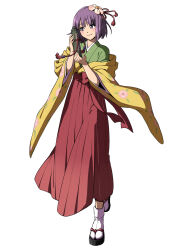 Rule 34 | 1girl, floral print, floral print kimono, flower, full body, green kimono, hair flower, hair ornament, hieda no akyuu, highres, holding, inuno rakugaki, japanese clothes, kimono, long skirt, print kimono, purple eyes, purple hair, red skirt, skirt, socks, solo, tabi, touhou, white background, white socks, wide sleeves, yellow kimono