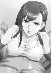 1girl breasts cum ejaculation final_fantasy final_fantasy_vii large_breasts long_hair monochrome paizuri tifa_lockhart